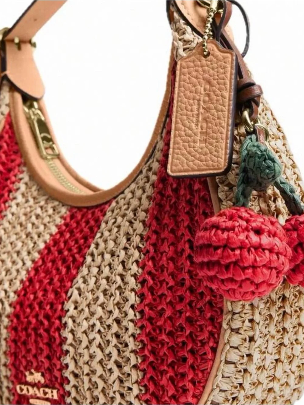 NWT Coach Emily Shoulder Bag in Woven Straw Striped Gold/Red/Tan